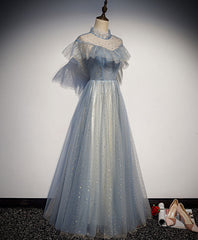 Bridesmaid Dresses Mismatched Fall, Light Gray Blue Tulle Lace Long Prom Dress, Gray Blue Tulle Evening Dress