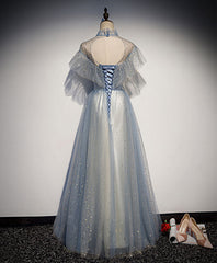 Bridesmaids Dress With Lace, Light Gray Blue Tulle Lace Long Prom Dress, Gray Blue Tulle Evening Dress