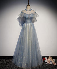 Bridesmaid Dresses Uk, Light Gray Blue Tulle Lace Long Prom Dress, Gray Blue Tulle Evening Dress