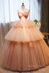 Homecoming Dress Under 79, Light Orange Strapless A-line Multi-Layers Long Prom Dress