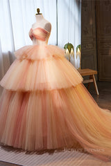 Homecomming Dresses Cute, Light Orange Strapless A-line Multi-Layers Long Prom Dress