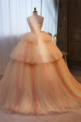 Homecoming Dresses Cute, Light Orange Strapless A-line Multi-Layers Long Prom Dress