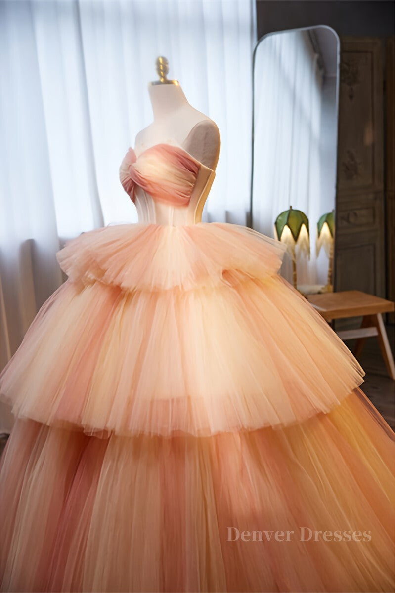 Homecoming Dress Cute, Light Orange Strapless A-line Multi-Layers Long Prom Dress
