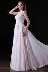 Wedding Dresses Open Back, Light Pink Chiffon Wedding Dresses with veil Lace Appliques Top Short Sleeve