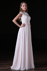Wedding Dress Open Back, Light Pink Chiffon Wedding Dresses with veil Lace Appliques Top Short Sleeve