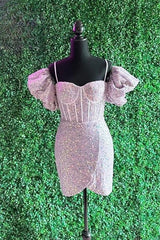 Party Dress Short Tight, Light Pink Puff Sleeves Sequins Sheath Homecoming Dress Cocktail