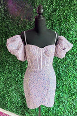 Dinner Outfit, Light Pink Puff Sleeves Sequins Sheath Homecoming Dress Cocktail