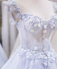 Bridesmaid Dresses Burgundy, Light purple tulle lace long prom dress, blue evening dress