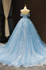 Party Dress Teen, Light Sky Blue Off the Shoulder Ball Gown Tulle Prom Dress with Applique