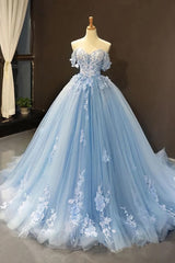 Party Dresses Teens, Light Sky Blue Off the Shoulder Ball Gown Tulle Prom Dress with Applique