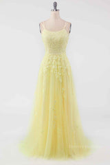 Party Dress Quotesparty Dresses Wedding, Light Yellow A-line Scoop Neckline Embroidered Tulle Long Prom Dress