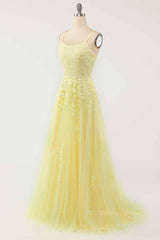 Party Dress Jeans, Light Yellow A-line Scoop Neckline Embroidered Tulle Long Prom Dress