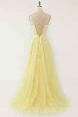 Black Dress Classy, Light Yellow A-line Scoop Neckline Embroidered Tulle Long Prom Dress