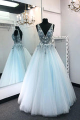 Prom Dresses Blushes, A Line V Neck Tulle Long Prom Dress with Flowers, Sleeveless Party Dress