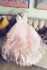 Blue Dress, Light Pink Spaghetti Straps Tulle Long Prom Formal Dress, Puffy Party Dress