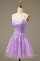 Formal Dress For Beach Wedding, Lilac A-line Lace-Up Back Applique Tulle Mini Homecoming Dress