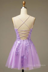 Formal Dresses Modest, Lilac A-line Lace-Up Back Applique Tulle Mini Homecoming Dress