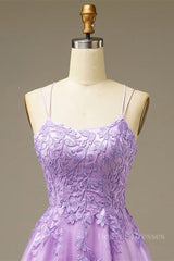 Formal Dresses For Black Tie Wedding, Lilac A-line Lace-Up Back Applique Tulle Mini Homecoming Dress
