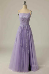 Flowy Dress, Lilac A-line Lace-Up Back Tulle Embroidery Slit Long Prom Dress