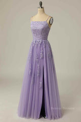 Bow Dress, Lilac A-line Lace-Up Back Tulle Embroidery Slit Long Prom Dress