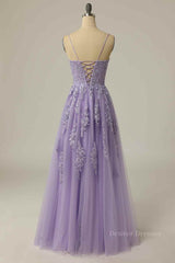 Semi Formal, Lilac A-line Lace-Up Back Tulle Embroidery Slit Long Prom Dress
