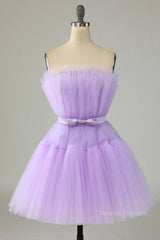 Satin Bridesmaid Dress, Lilac A-line Strapless Voluminous Tulle Mini Homecoming Dress with Sash