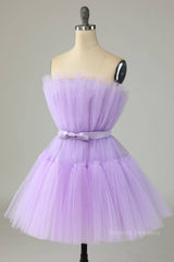 Wedding Party Dress, Lilac A-line Strapless Voluminous Tulle Mini Homecoming Dress with Sash