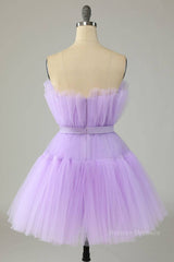 Semi Dress, Lilac A-line Strapless Voluminous Tulle Mini Homecoming Dress with Sash