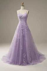 Homemade Ranch Dress, Lilac A-line Tulle Lace-up Back 3D Applique Long Prom Dress