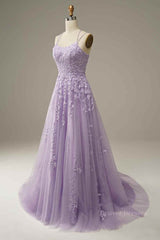 Ranch Dress, Lilac A-line Tulle Lace-up Back 3D Applique Long Prom Dress