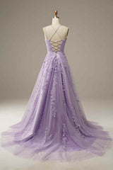 Lace Dress, Lilac A-line Tulle Lace-up Back 3D Applique Long Prom Dress