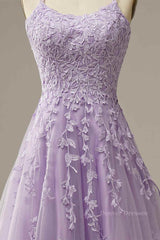 Party Dress High Neck, Lilac A-line Tulle Lace-up Back 3D Applique Long Prom Dress