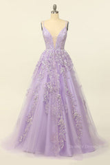 Formal Dresses Fashion, Lilac A-line V Neck Tulle Applique Lace-Up Back Long Prom Dress