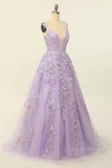 Formal Dress Fashion, Lilac A-line V Neck Tulle Applique Lace-Up Back Long Prom Dress