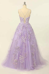 Formal Dress Elegant, Lilac A-line V Neck Tulle Applique Lace-Up Back Long Prom Dress
