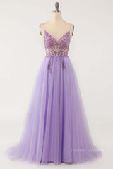 Chic Dress Classy, Lilac A-line V Neckline Beading Sheer Tulle Long Prom Dress
