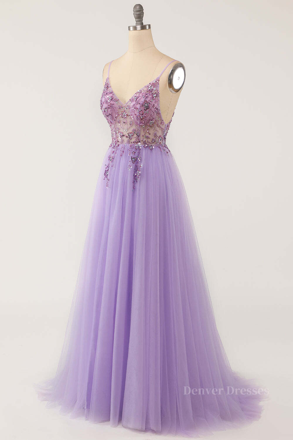 Night Club Outfit, Lilac A-line V Neckline Beading Sheer Tulle Long Prom Dress