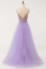 Prom Aesthetic, Lilac A-line V Neckline Beading Sheer Tulle Long Prom Dress