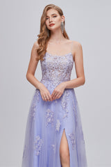 Prom Dresses Casual, Lilac Appliques Lace-Up A-Line Long Prom Dresses with Slit