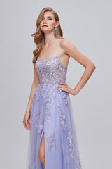 Prom Dress Elegant, Lilac Appliques Lace-Up A-Line Long Prom Dresses with Slit