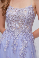 Prom Dresses Elegant, Lilac Appliques Lace-Up A-Line Long Prom Dresses with Slit