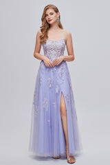 Prom Dresses Styles, Lilac Appliques Lace-Up A-Line Long Prom Dresses with Slit