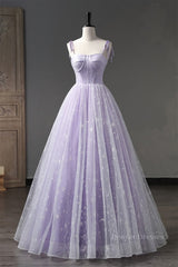 Formal Dress For Ladies, Lilac Bow Tie Shoulder Prints Long Prom Dress