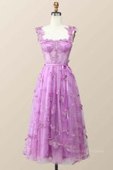Evening Dress Sale, Lilac Butterfly Tulle A-line Midi Homecoming Dress