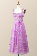 Evening Dresses For Sale, Lilac Butterfly Tulle A-line Midi Homecoming Dress