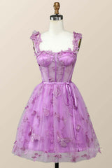 Evening Dresses Dresses, Lilac Butterfly Tulle A-line Short Homecoming Dress