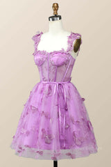 Evening Dress Dresses, Lilac Butterfly Tulle A-line Short Homecoming Dress