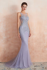 Party Dress For Christmas, Lilac Fitted Mermaid V-Neck Long Prom Dresses