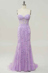 Formal Dresses For Weddings, Lilac Mermaid Strapless Lace-Up Tulle Applique Long Prom Dress