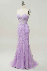 Formal Dress Outfits, Lilac Mermaid Strapless Lace-Up Tulle Applique Long Prom Dress